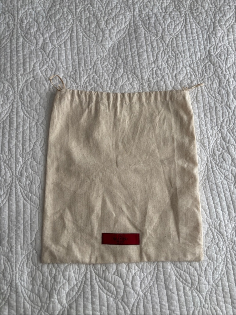 Valentino Garavani Cream Neutral Drawstring Dust Bag with Red Logo Patch